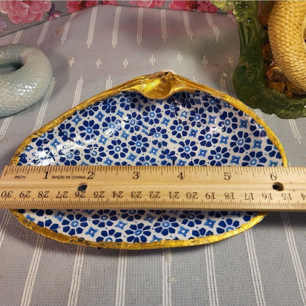 DECOUPAGE CLAM SHELL DECOUPAGE BLUE DESIGN TRINKET DISH - Picture 8 of 13